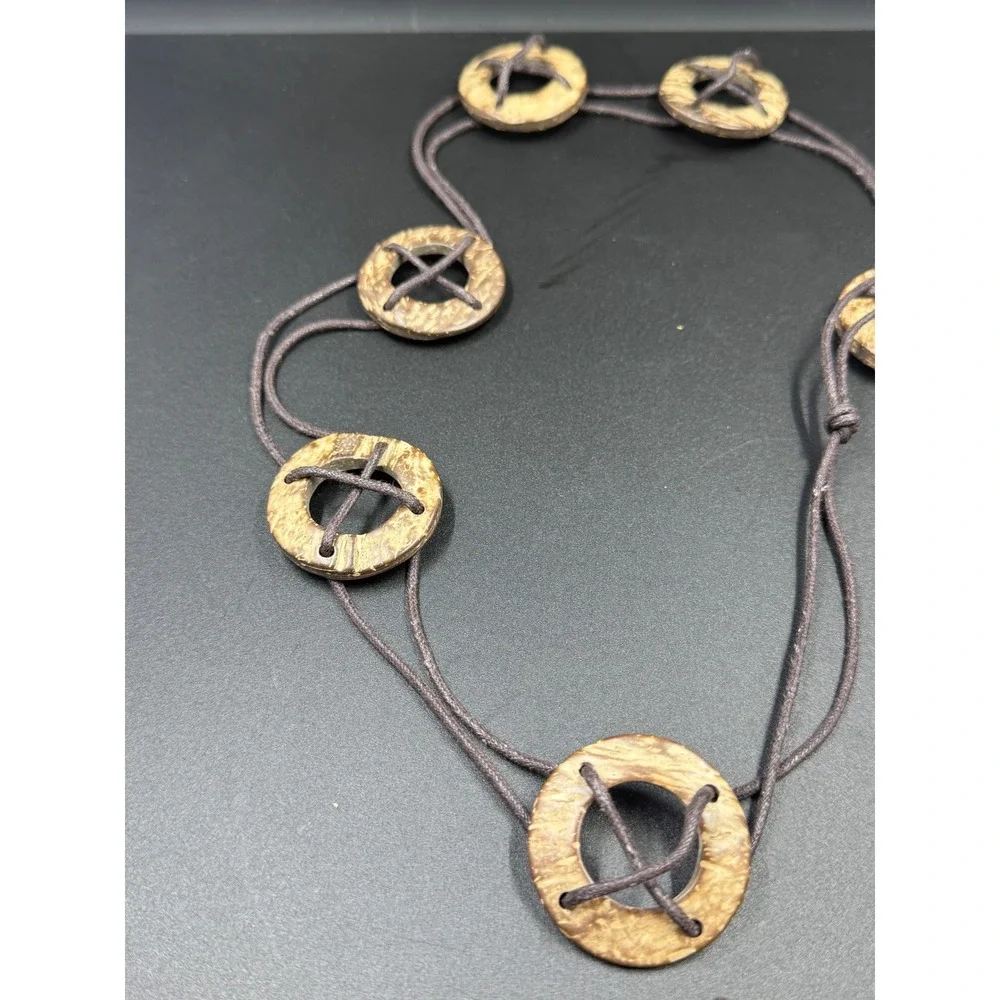 Y2K Boho Wooden Ring Tie Waist Belt Brown Cord Adjustable 66 Inch Total Length