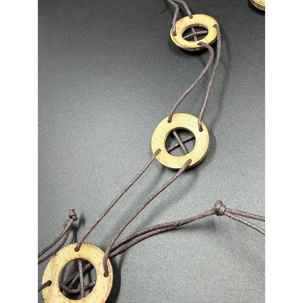 Y2K Boho Wooden Ring Tie Waist Belt Brown Cord Adjustable 66 Inch Total Length