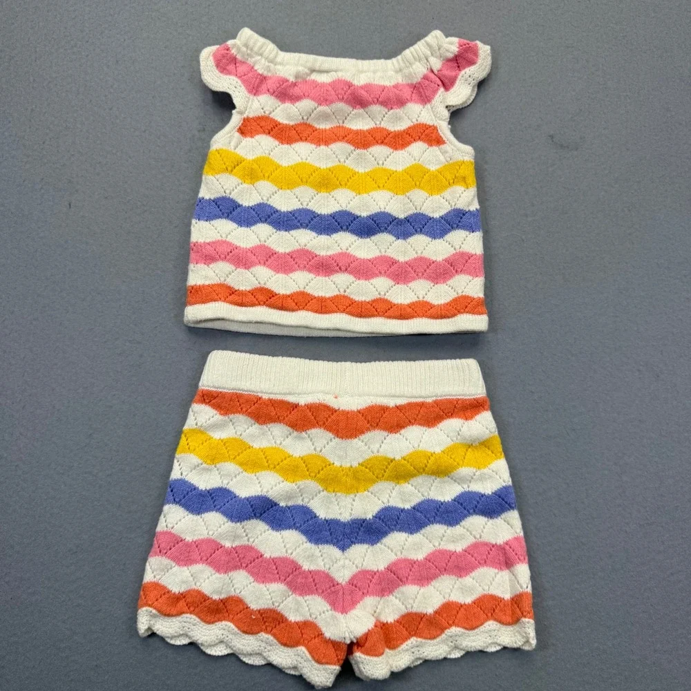 Janie and Jack Kids 2T Multi Stripe Knit Top and Shorts Set Scalloped‎ Rainbow