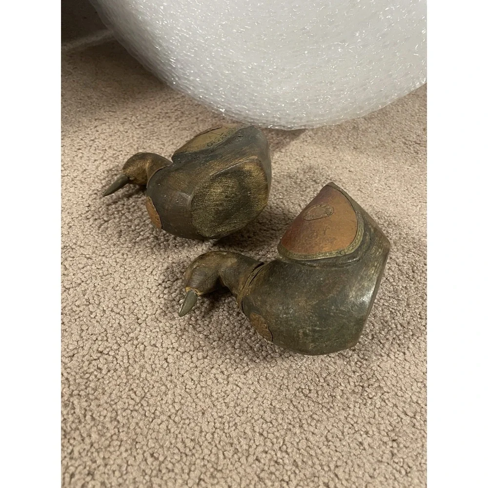 Vintage Old Antique Hand Carved Wooden &‎ Brass Fitted Engraved Work Duck Pair