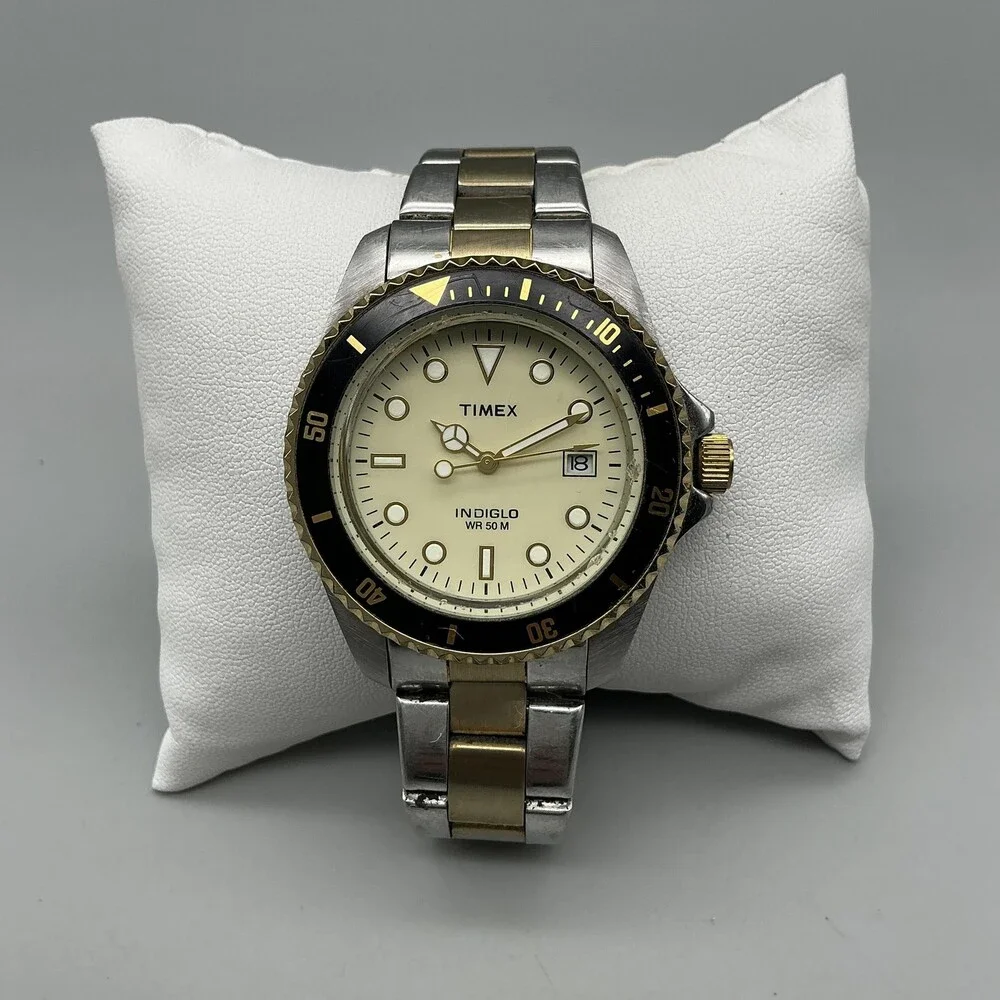 Timex Indiglo WR 50M Mens Watch 39mm Two Tone Diver Date New Battery 7.75
