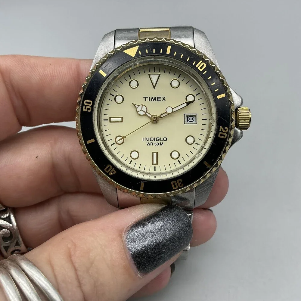 Timex Indiglo WR 50M Mens Watch 39mm Two Tone Diver Date New Battery 7.75