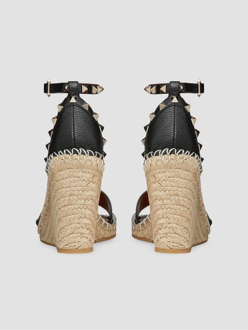 Valentino Black Leather Rockstud Espadrille Wedge Sandals