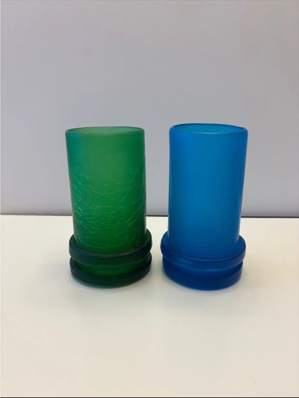 Set of Vintage ZODAX blue and green glass cups or candle holders 5 3/8”