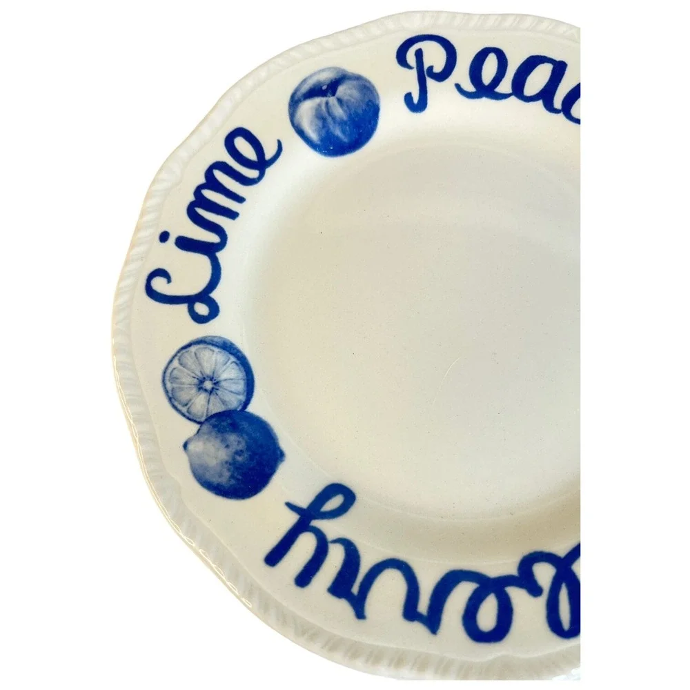 Wood And Sons Country Blue Salad Plate Fruit Gooseberry Lime Peach Letters White