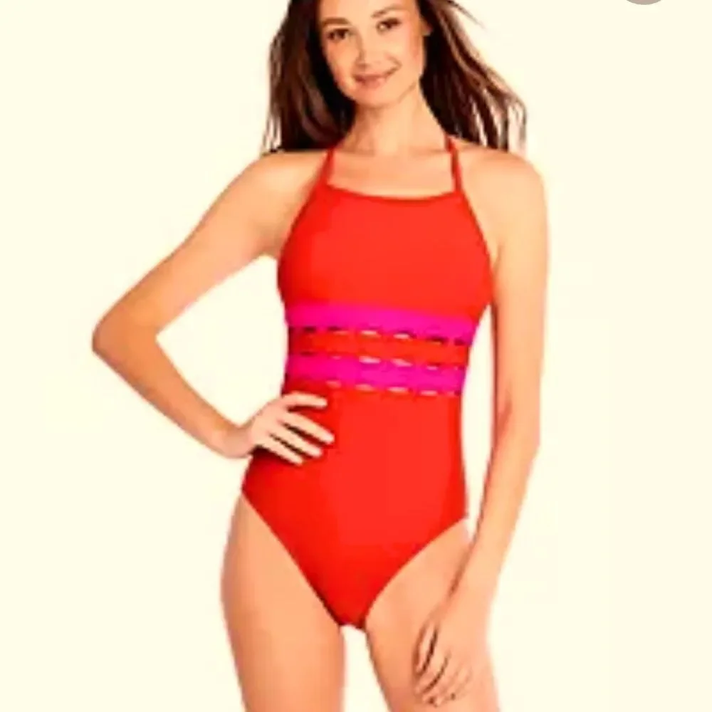 Sunflower XL Cherry Red Pink Stripes Halter One-piece Swimsuit