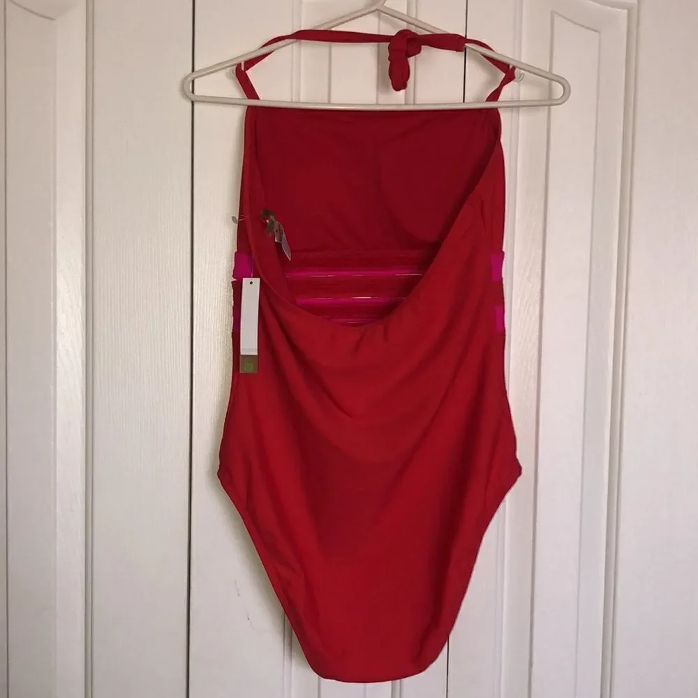Sunflower XL Cherry Red Pink Stripes Halter One-piece Swimsuit