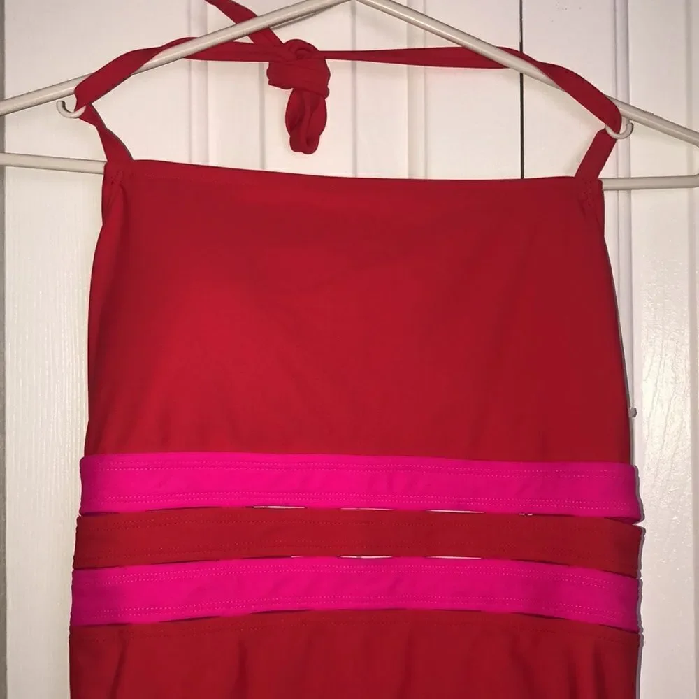 Sunflower XL Cherry Red Pink Stripes Halter One-piece Swimsuit