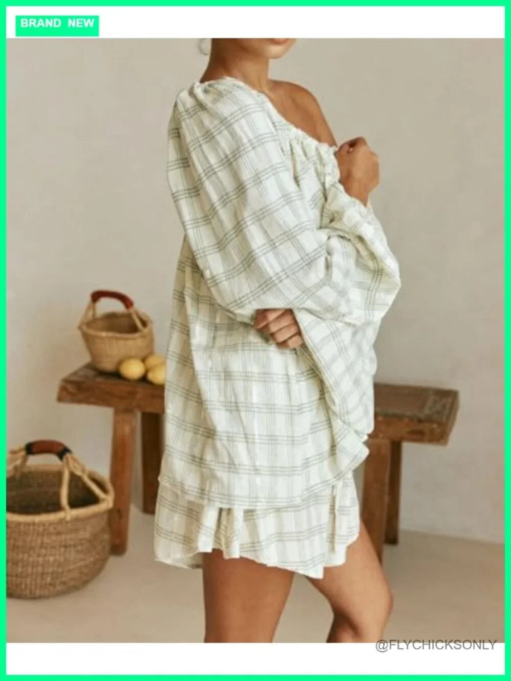 Women Gingham Pajama Set 2 Piece Long Puff Sleeve Babydoll Top Ruffle Plaid