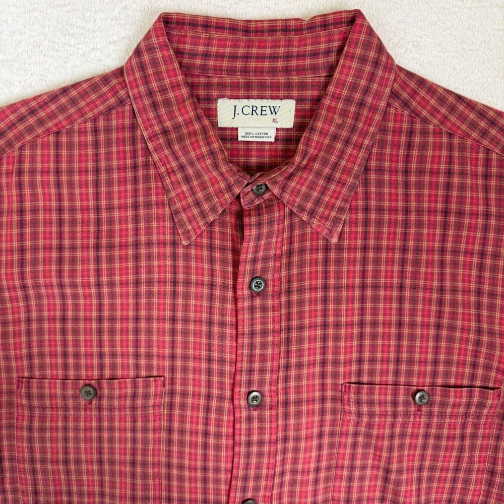 J.‎ Crew Button Down Shirt Mens XL Red Plaid Long Sleeve Cotton Pockets