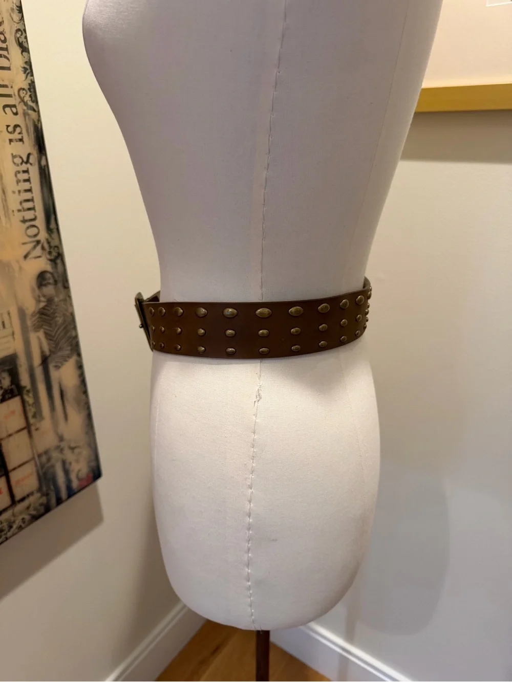 Nine West Brown Leather Studded Belt with Brass Buckle