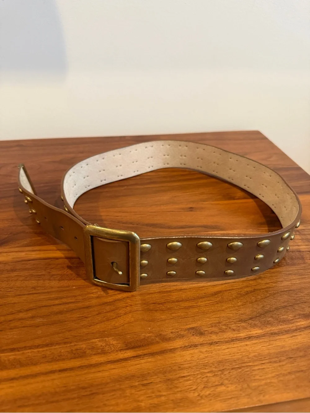 Nine West Brown Leather Studded Belt with Brass Buckle