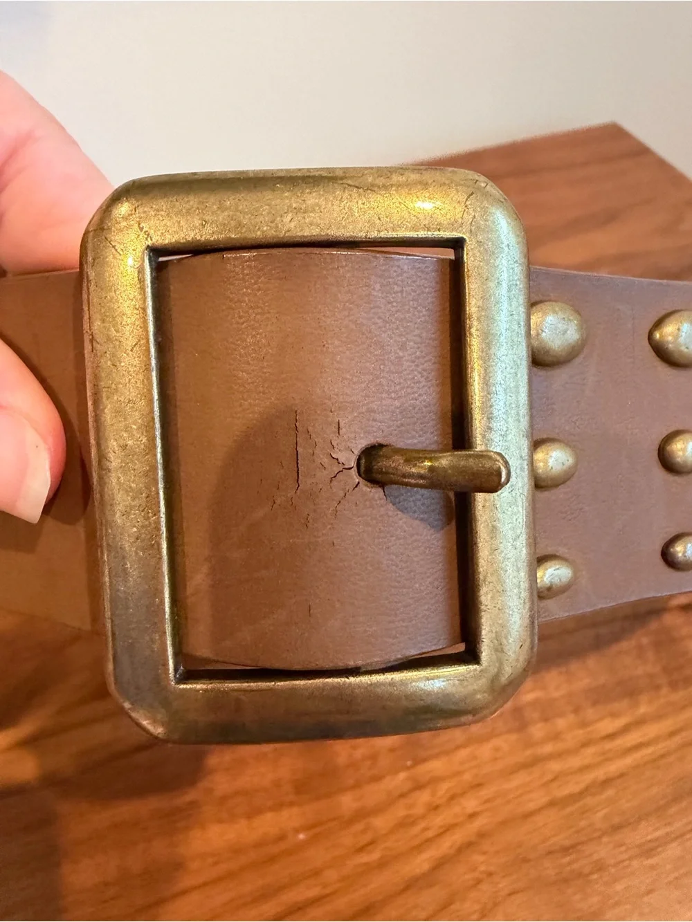 Nine West Brown Leather Studded Belt with Brass Buckle