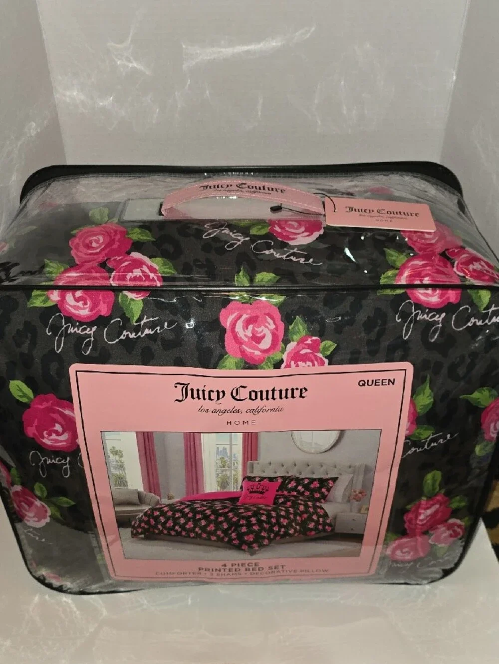 Juicy Couture Black Comforter Set with Pink Rose Print