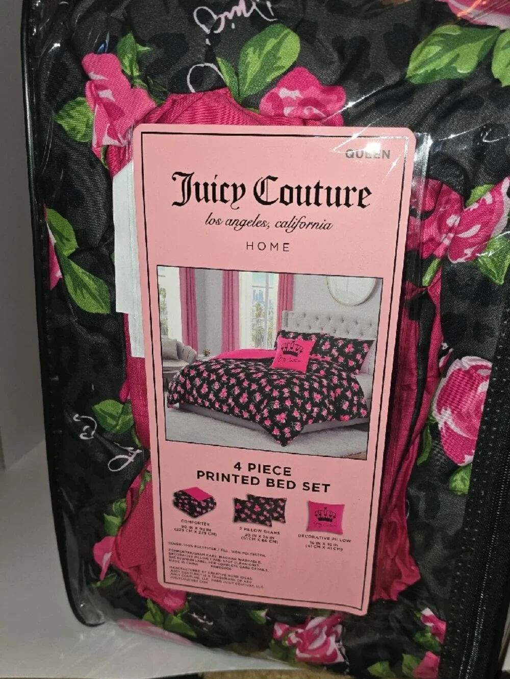 Juicy Couture Black Comforter Set with Pink Rose Print