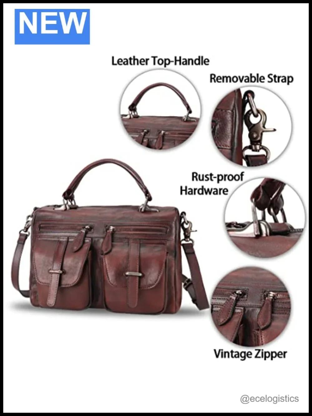 Genuine Leather Vintage Handmade Satchel Top Handle Purse with Shoulder Strap