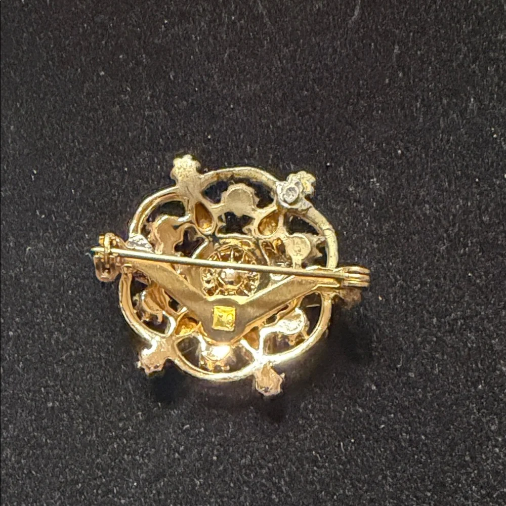 Vintage Gold Brooch Faux Pearls, Purple Amethyst Gems & Teardrop Opaline Accents