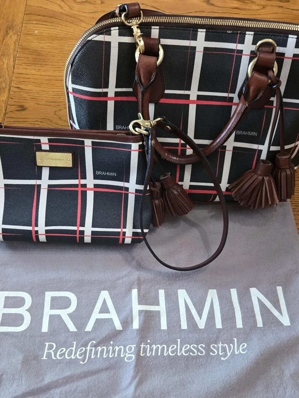 Brahmin Black Plaid Dome Satchel with Brown Trim and Red Accent