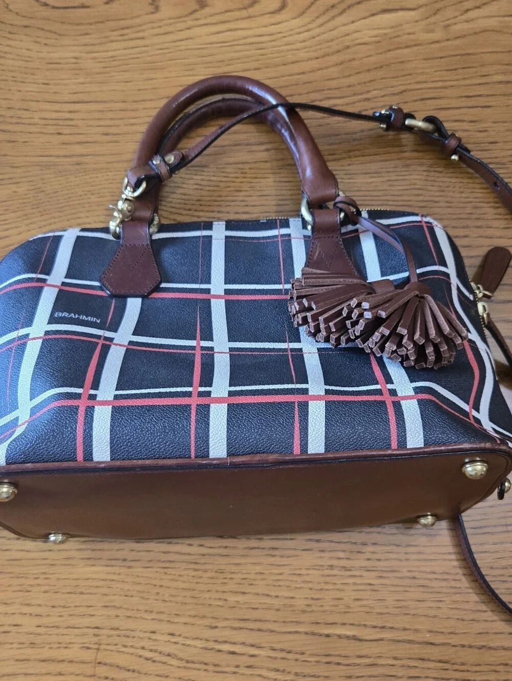 Brahmin Black Plaid Dome Satchel with Brown Trim and Red Accent