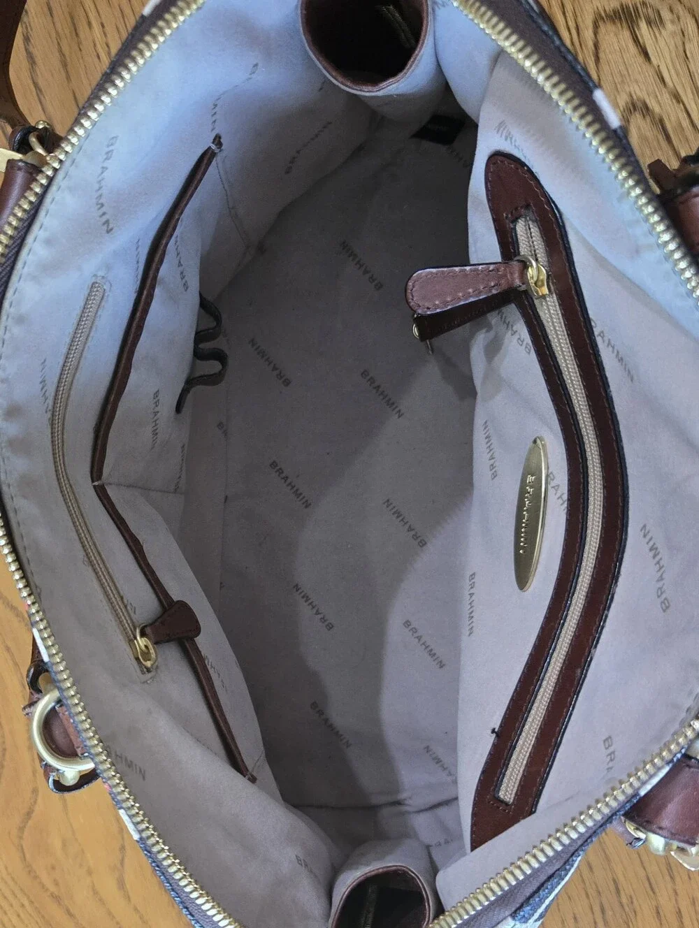 Brahmin Black Plaid Dome Satchel with Brown Trim and Red Accent