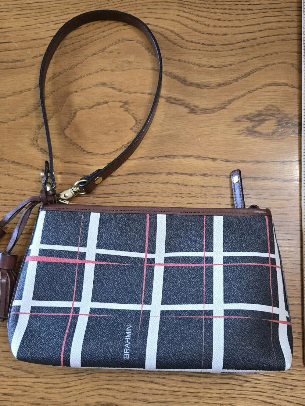 Brahmin Black Plaid Dome Satchel with Brown Trim and Red Accent