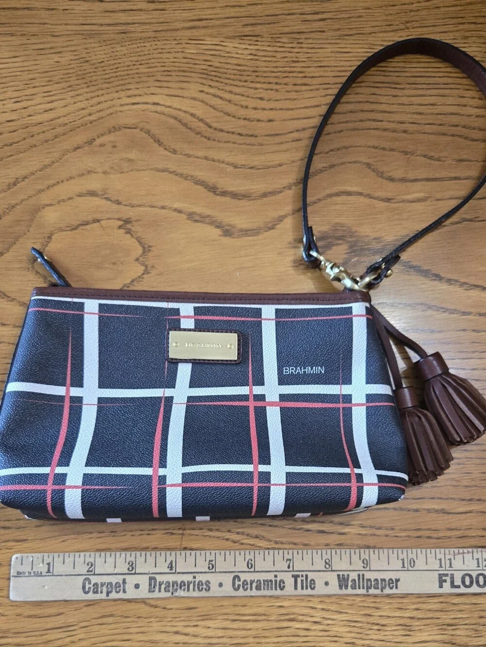 Brahmin Black Plaid Dome Satchel with Brown Trim and Red Accent