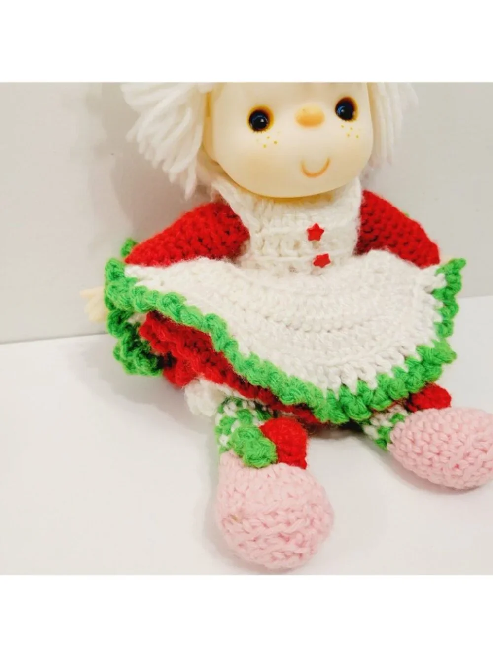 Vtg Handmade Crochet Dress Red & Green Strawberry Shortcake Theme Doll