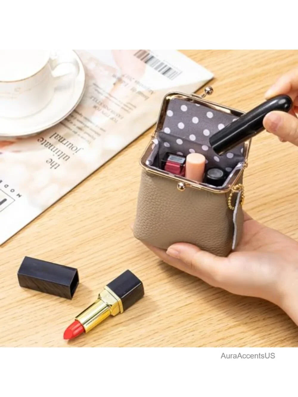 Genuine Leather Mini Jewelry Box with Kiss Lock, Vintage Coin Purse, Travel