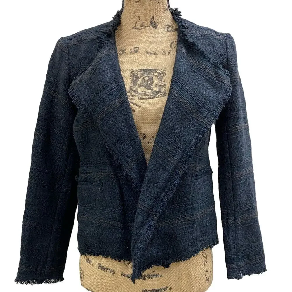 Ann Taylor navy and black woven open front raw seams‎ blazer