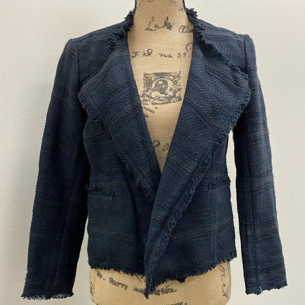 Ann Taylor navy and black woven open front raw seams‎ blazer