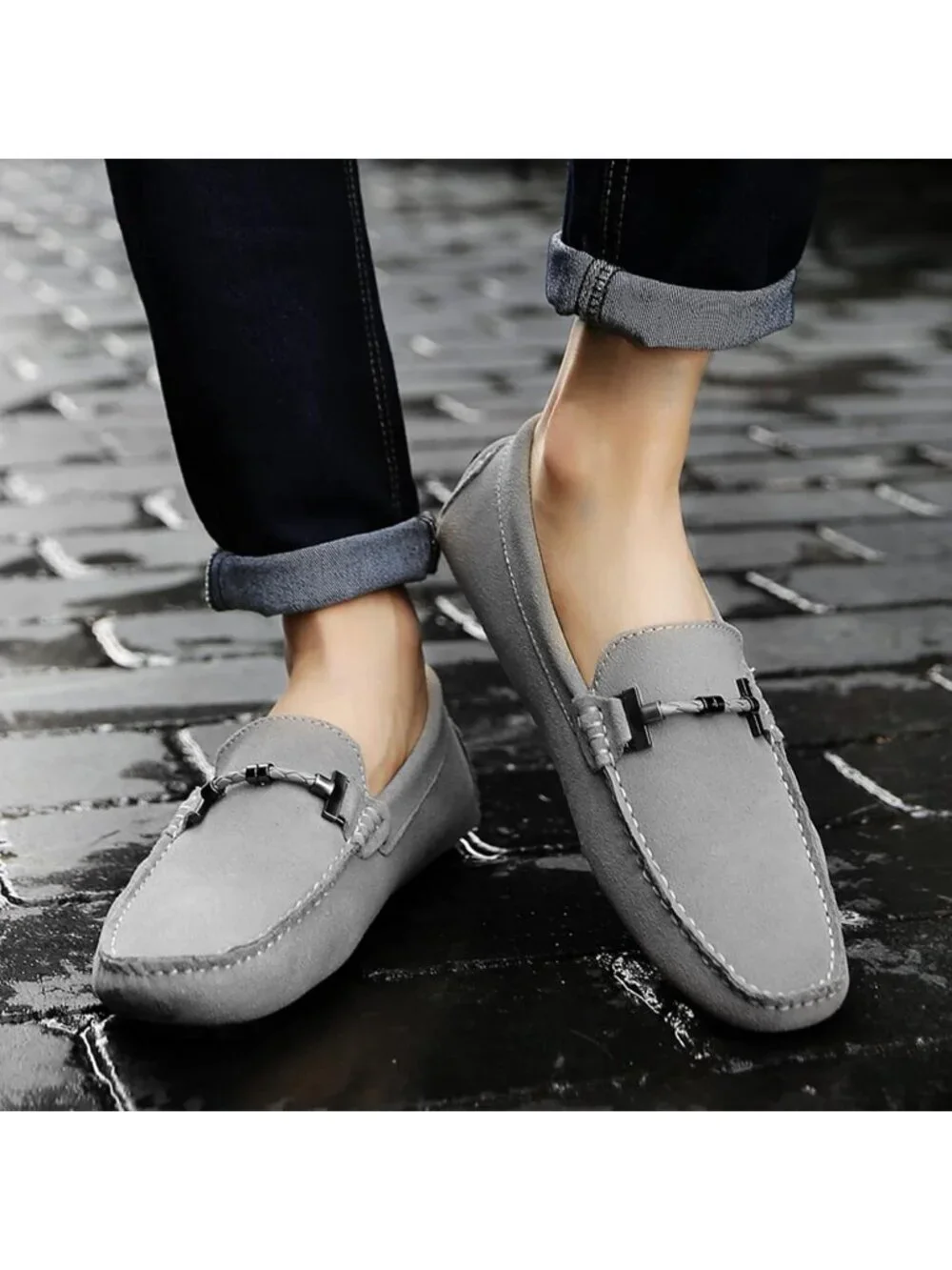 DCZTELG Men's Grey Suede Calf Leather Penny Loafer Slip On Party Comfort Shoes