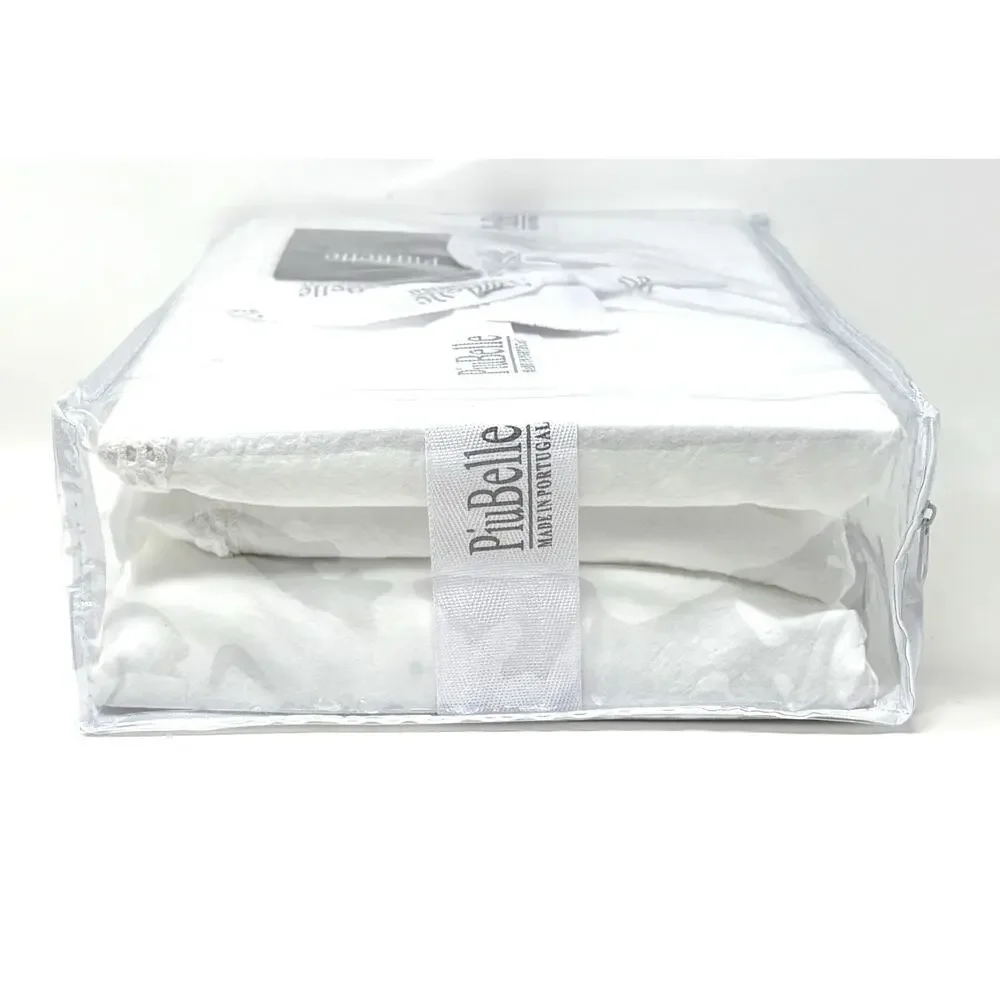 PiuBelle White Queen Sheet Set 100% Cotton Crochet Border Trim NWT Portugal