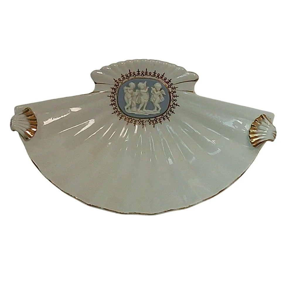 I.W. Rice Shell Trinket Dish Vintage White Gold Cherub Cameo Japan Porcelain