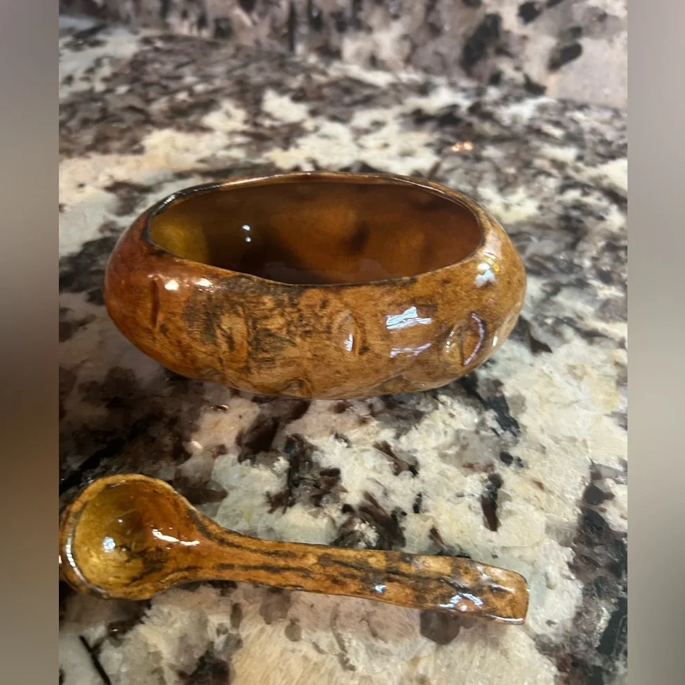 Hand made saucer and spoon pottery Brown Minimalist‎ MC Signed