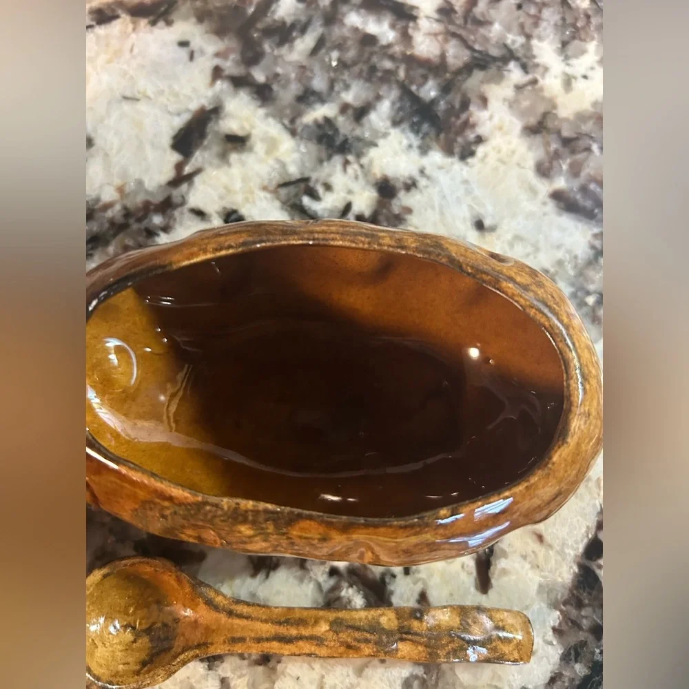 Hand made saucer and spoon pottery Brown Minimalist‎ MC Signed