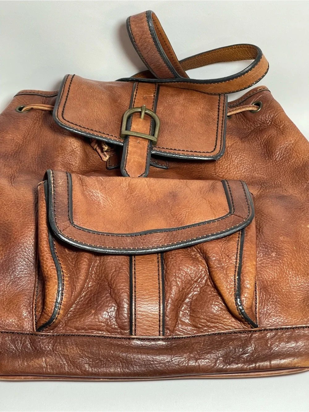Vintage FOSSIL Cognac Brown Leather Drawstring Bucket Backpack Rucksack Bag
