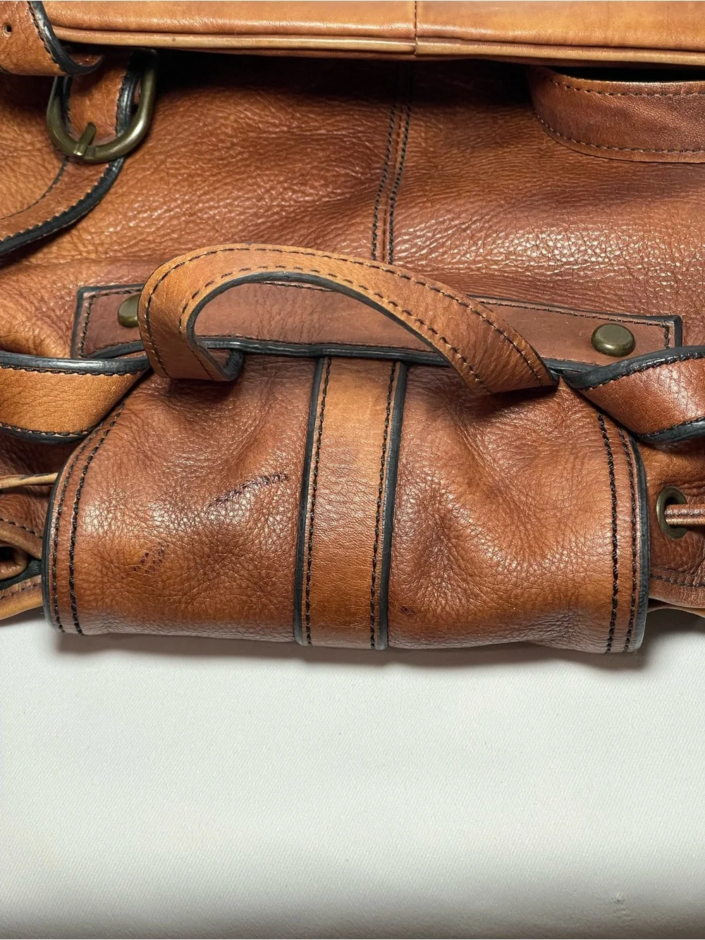 Vintage FOSSIL Cognac Brown Leather Drawstring Bucket Backpack Rucksack Bag