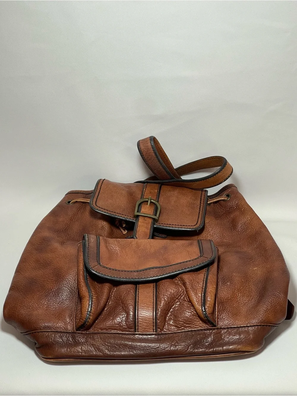 Vintage FOSSIL Cognac Brown Leather Drawstring Bucket Backpack Rucksack Bag