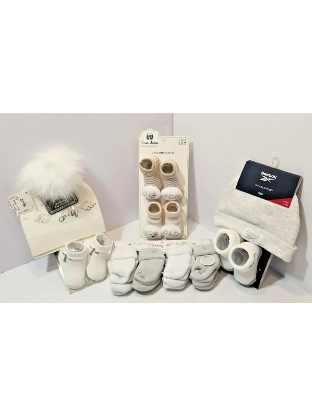 Brand New Lot of Baby Socks and Caps for Boys Greys Whites and Browns