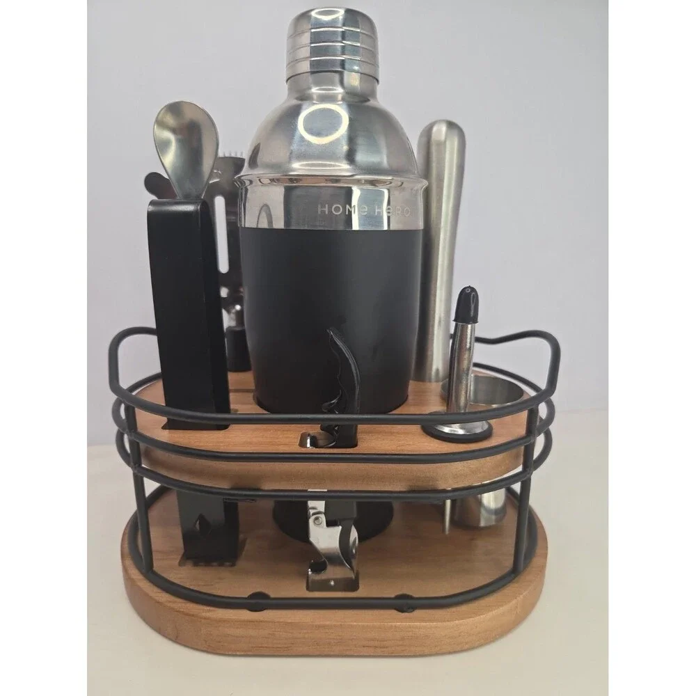 Home Hero Bartender Kit 10-Piece Cocktail Shaker Liquor Cabinet Set Wood Stand