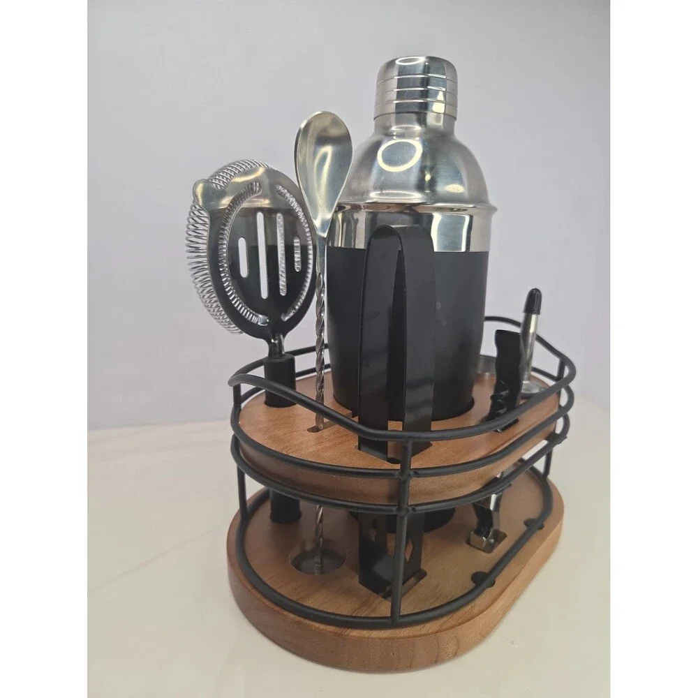 Home Hero Bartender Kit 10-Piece Cocktail Shaker Liquor Cabinet Set Wood Stand