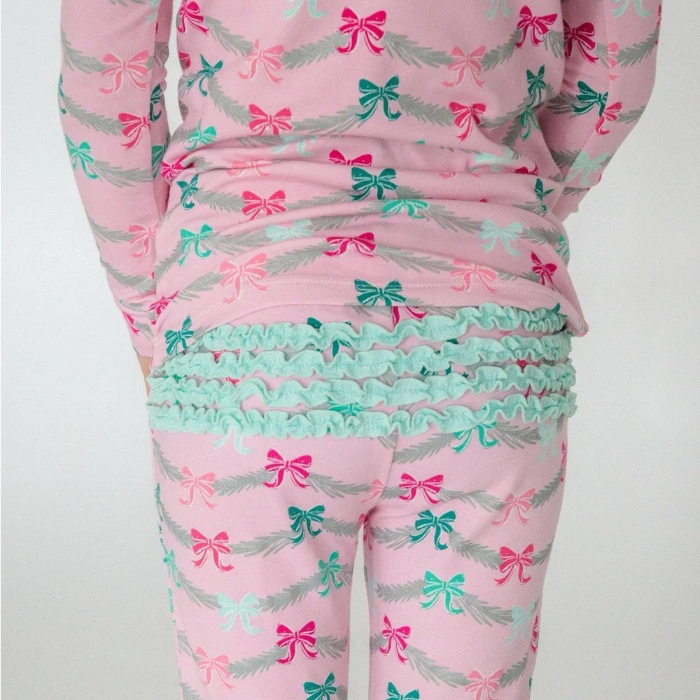 Rufflebutts Charming Pink Bow Print Kids Pajama Set 18-24 months 3T 4T