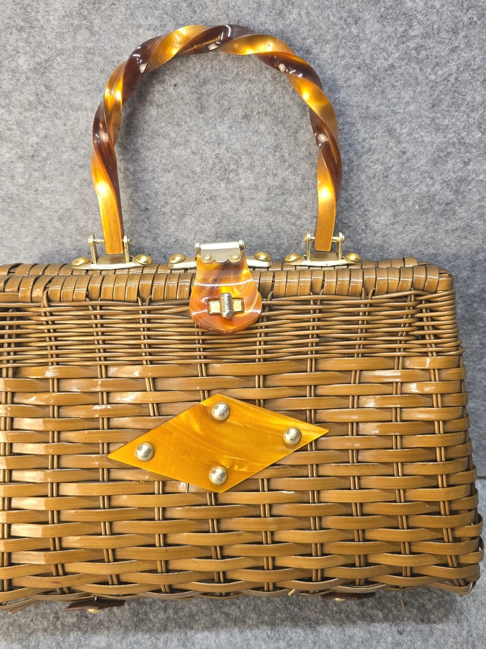 Vintage Handmade Wicker And Lucite Basket Handbag Made In Hong Kong