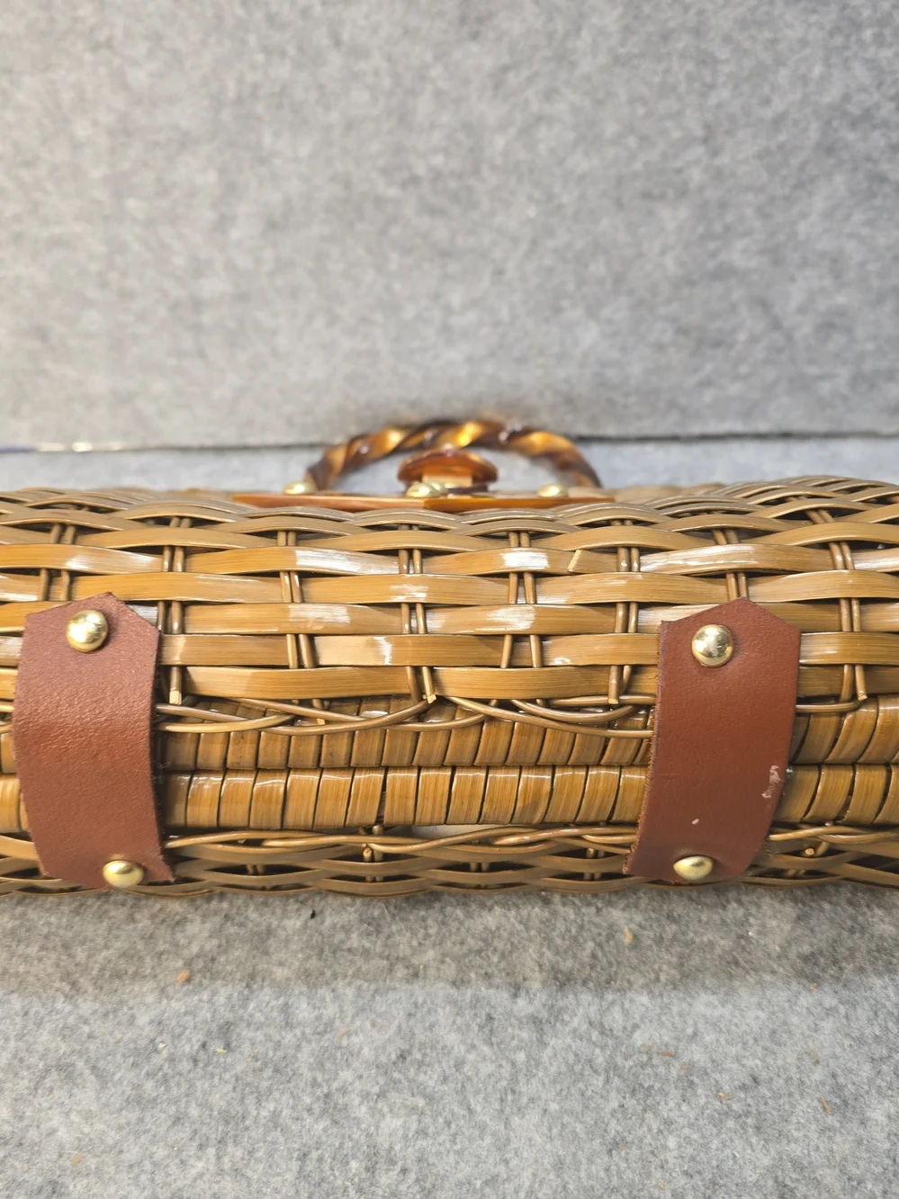 Vintage Handmade Wicker And Lucite Basket Handbag Made In Hong Kong