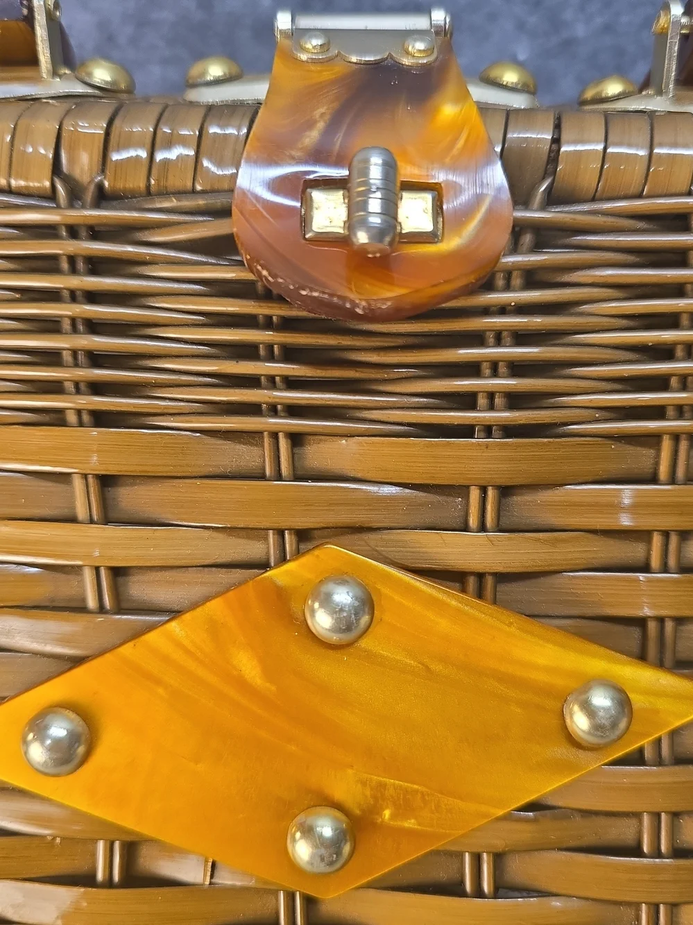 Vintage Handmade Wicker And Lucite Basket Handbag Made In Hong Kong