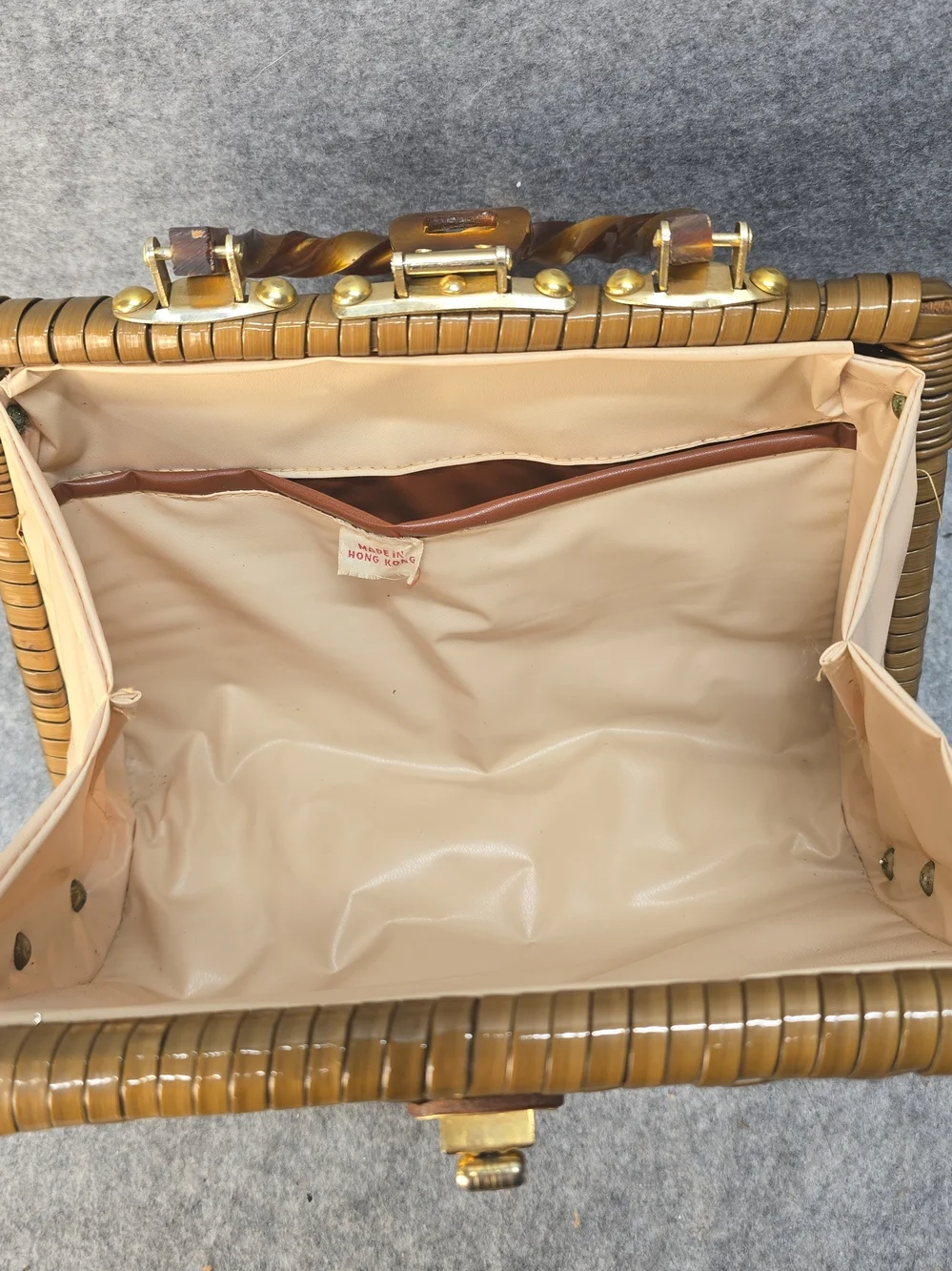 Vintage Handmade Wicker And Lucite Basket Handbag Made In Hong Kong