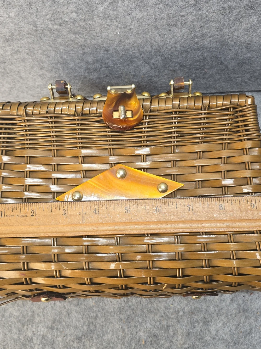 Vintage Handmade Wicker And Lucite Basket Handbag Made In Hong Kong