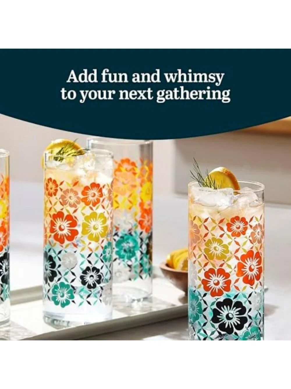 Colorful Vintage Flower Drinking Glasses Set of 4 | Retro Floral Design Cups