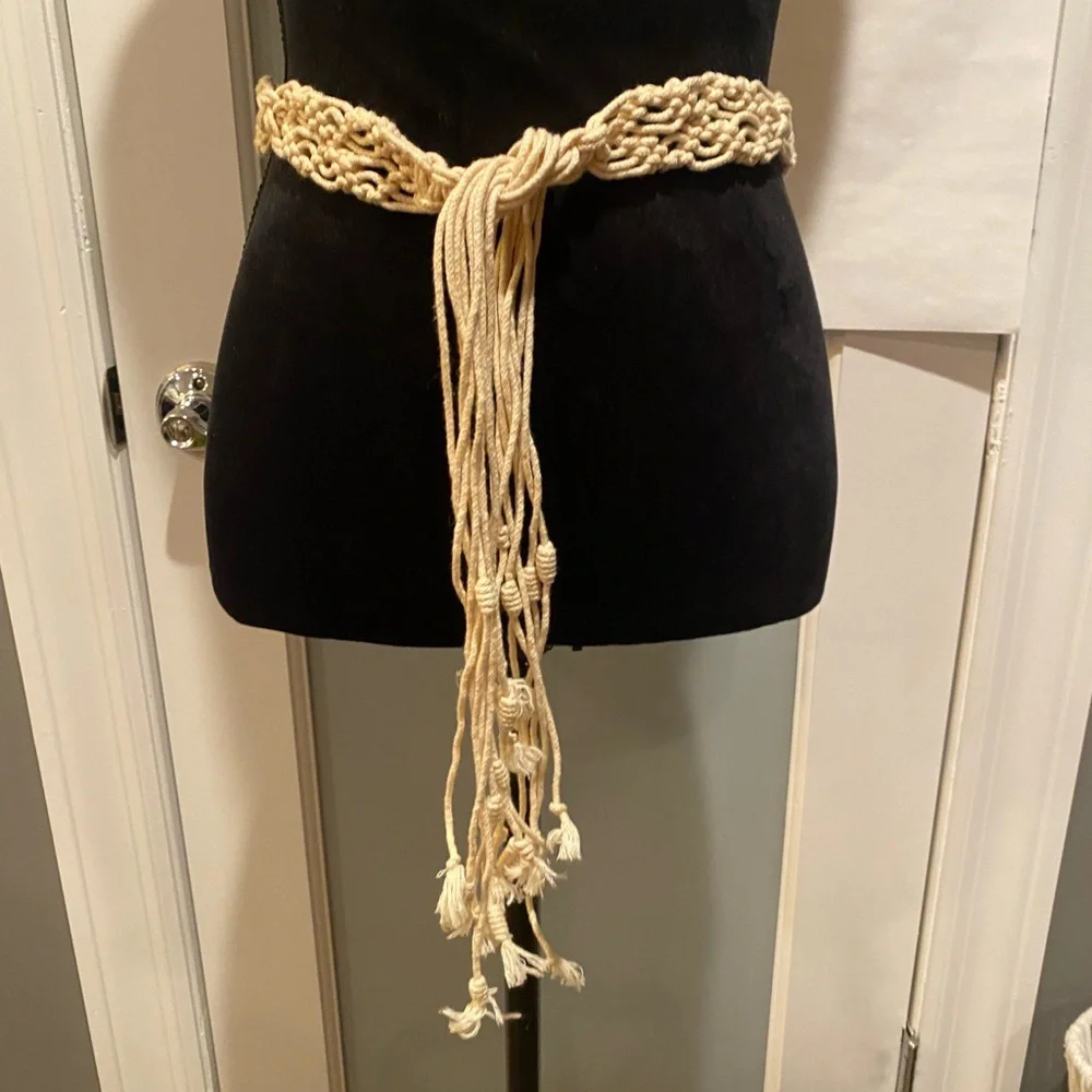 Woven macrame Rope Tassel Belt - Cream natural