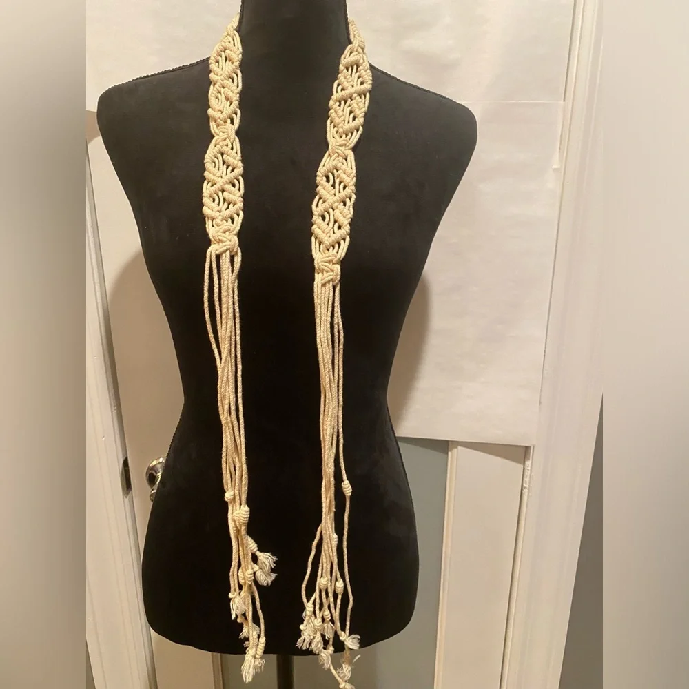 Woven macrame Rope Tassel Belt - Cream natural
